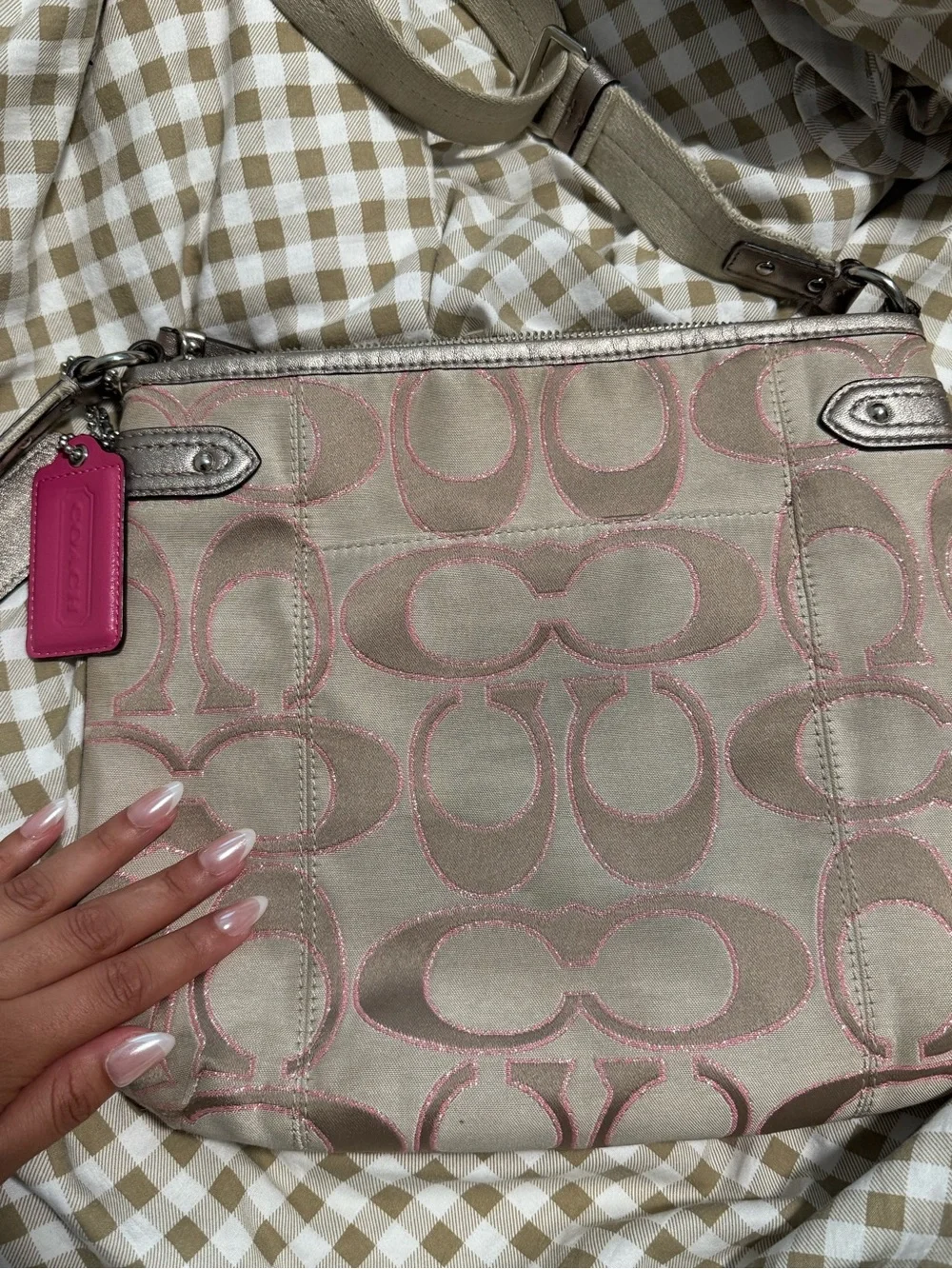 Coach Beige Crossbody with Pink Stitching Detail
